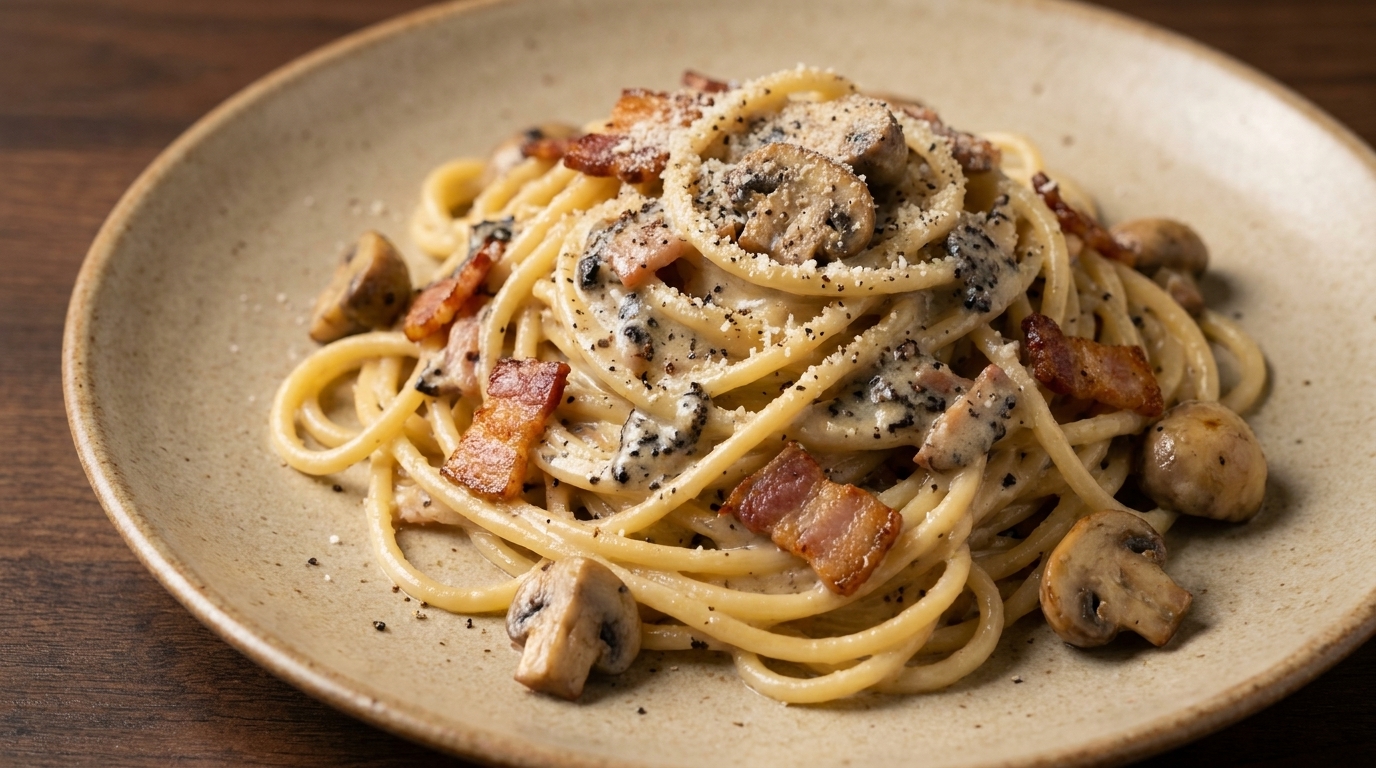 Pasta Cremosa con Trufa Negra, Bacon y Champiñones