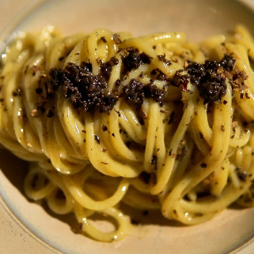 Salsa cremosa de trufa y queso vertiéndose sobre los fideos cocidos en una sartén.