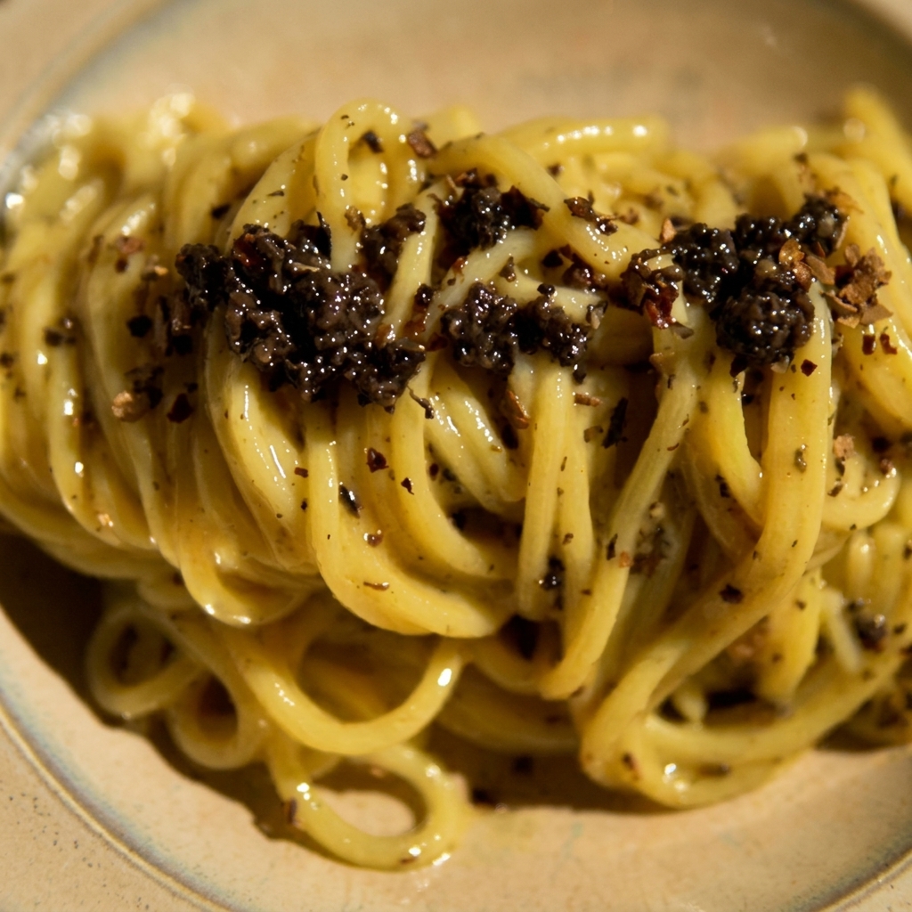 Fideos cubiertos con una rica y cremosa salsa con trozos de trufa en una sartén.