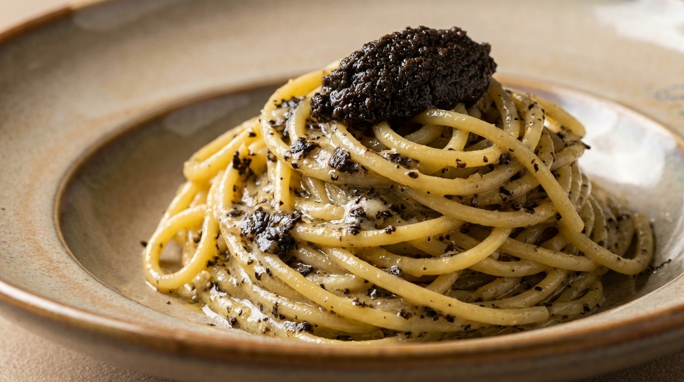 Fideos de Maíz con Queso y Pasta de Trufa Negra
