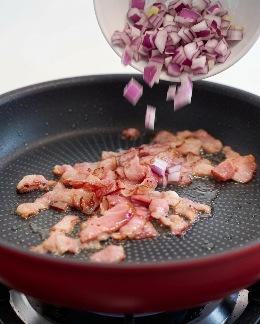 Cebolla roja picada siendo vertida en una sartén caliente con bacon frito.