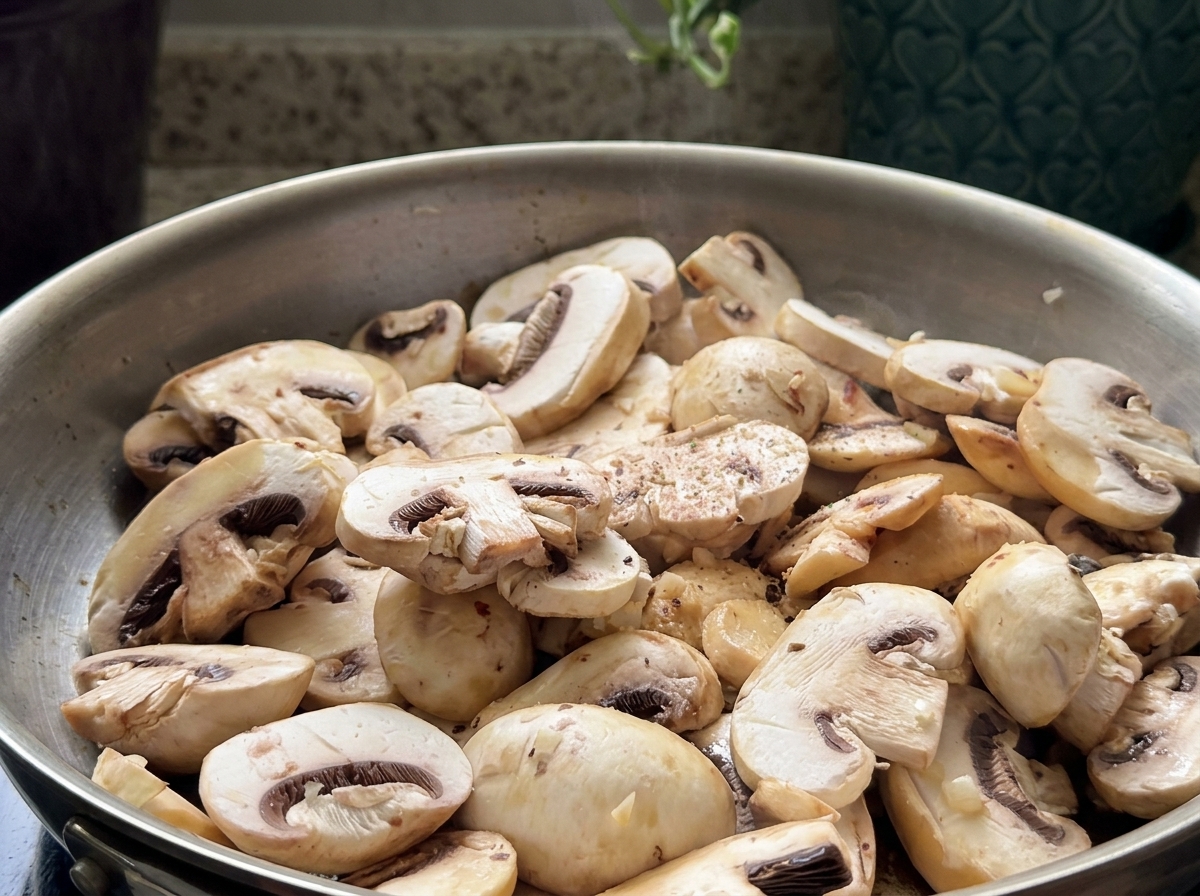 Champiñones laminados y ajo picado cocinándose juntos en una sartén de acero inoxidable.