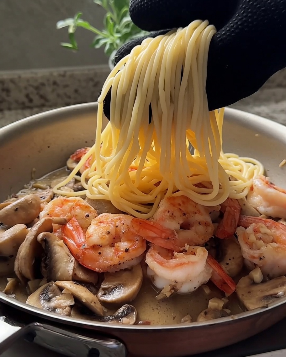 Espaguetis siendo añadidos a una sartén con gambas selladas y champiñones salteados.