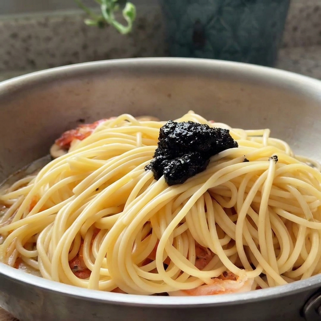 Una cucharada de pasta de trufa negra reposando sobre los espaguetis y las gambas cocinadas en la sartén.