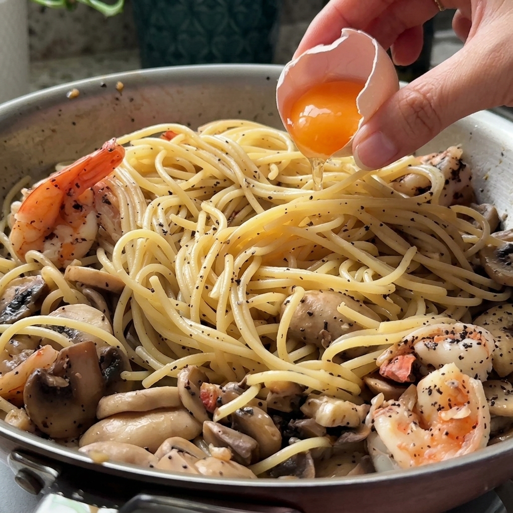 Una yema de huevo fresca siendo añadida al centro de la mezcla de pasta, champiñones y gambas.