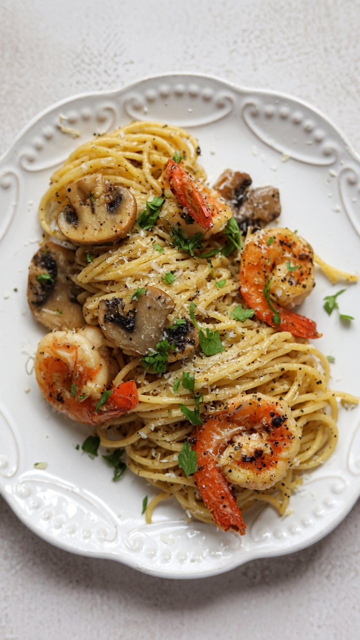 Espaguetis con Trufa y Gambas