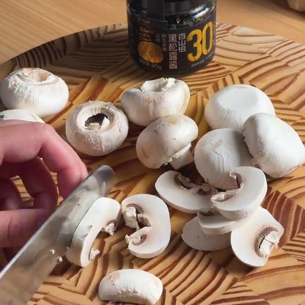 Tiras finas de ternera cruda siendo cortadas sobre una tabla de madera.
