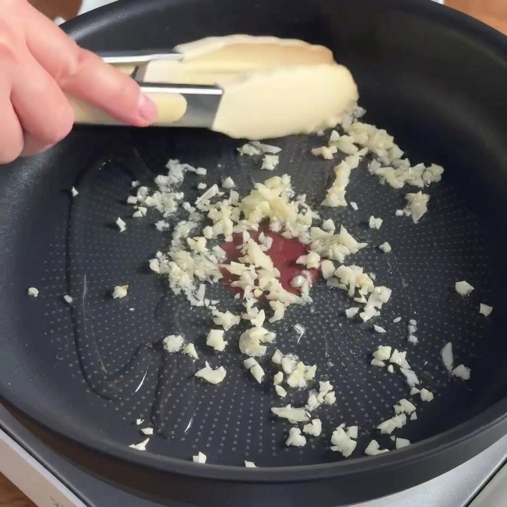Ajo picado friéndose en aceite en una sartén antiadherente.