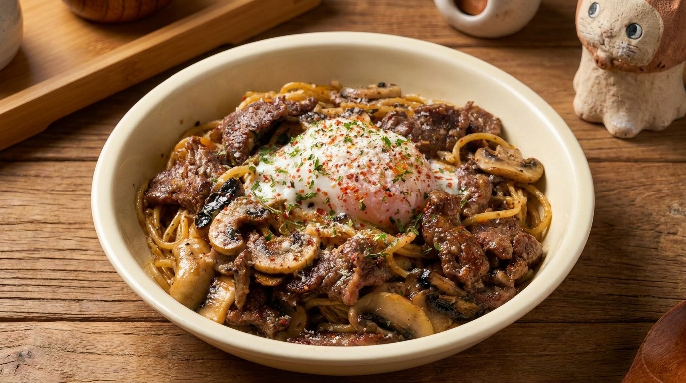 Pasta con Ternera y Trufa Negra al Huevo Onsen