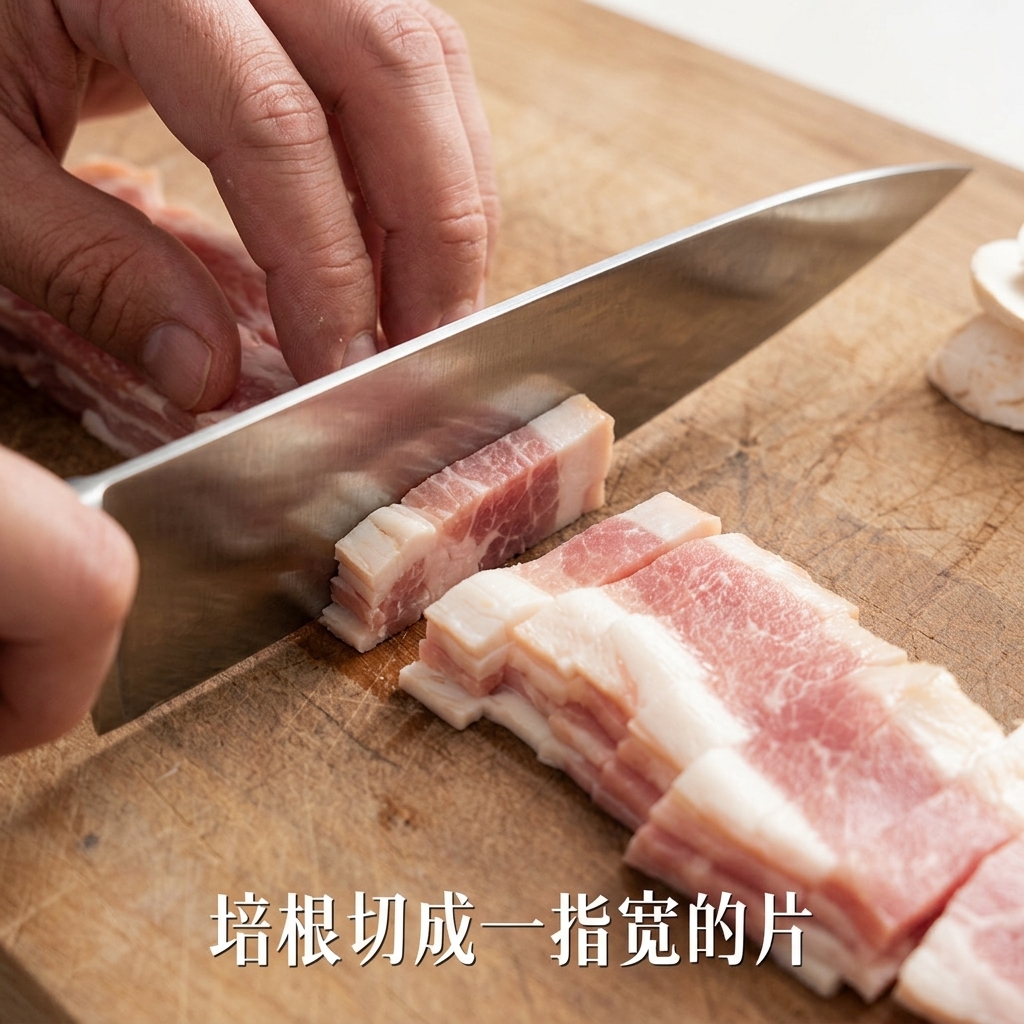 Tiras uniformes de tocino crudo siendo cortadas en una tabla de madera.