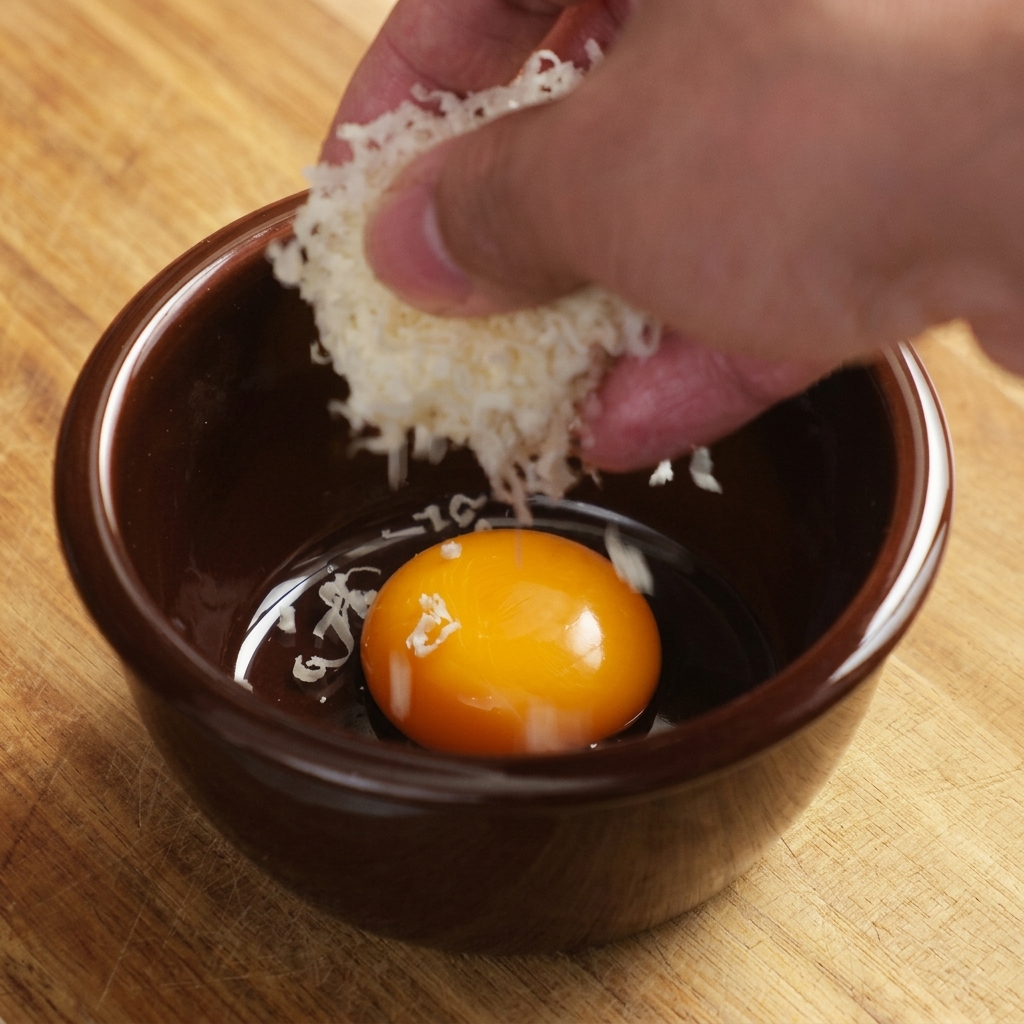 Una rica mezcla de yema de huevo, parmesano rallado y salsa de trufa en un bol de cerámica marrón.