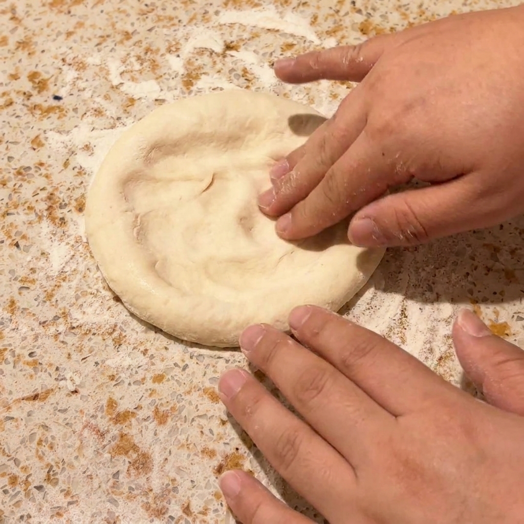 Manos presionando y estirando una bola de masa redonda hasta convertirla en una base de pizza plana sobre la encimera.