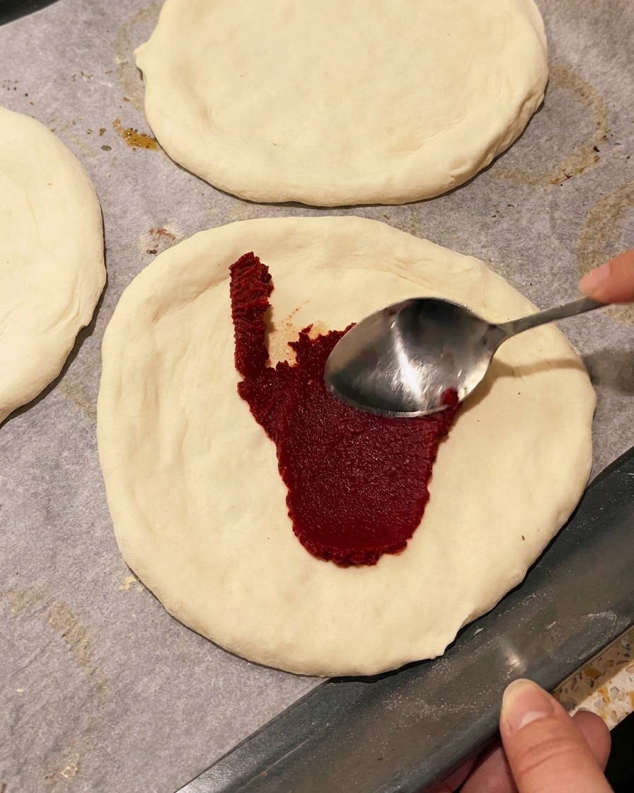 Primer plano de una mano usando una cuchara de metal para extender pasta de tomate roja sobre una base de masa de pizza cruda.