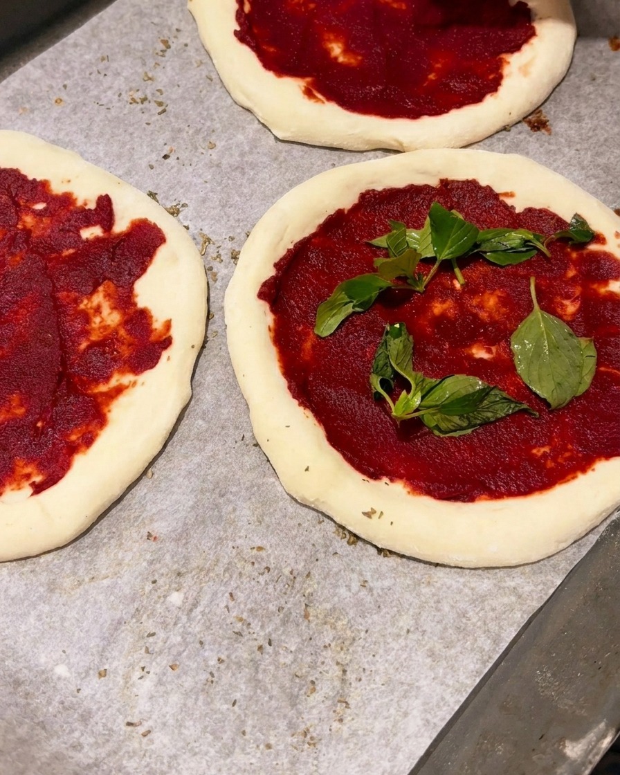 Bases de pizza crudas cubiertas de pasta de tomate, decoradas con hojas verdes de albahaca fresca.