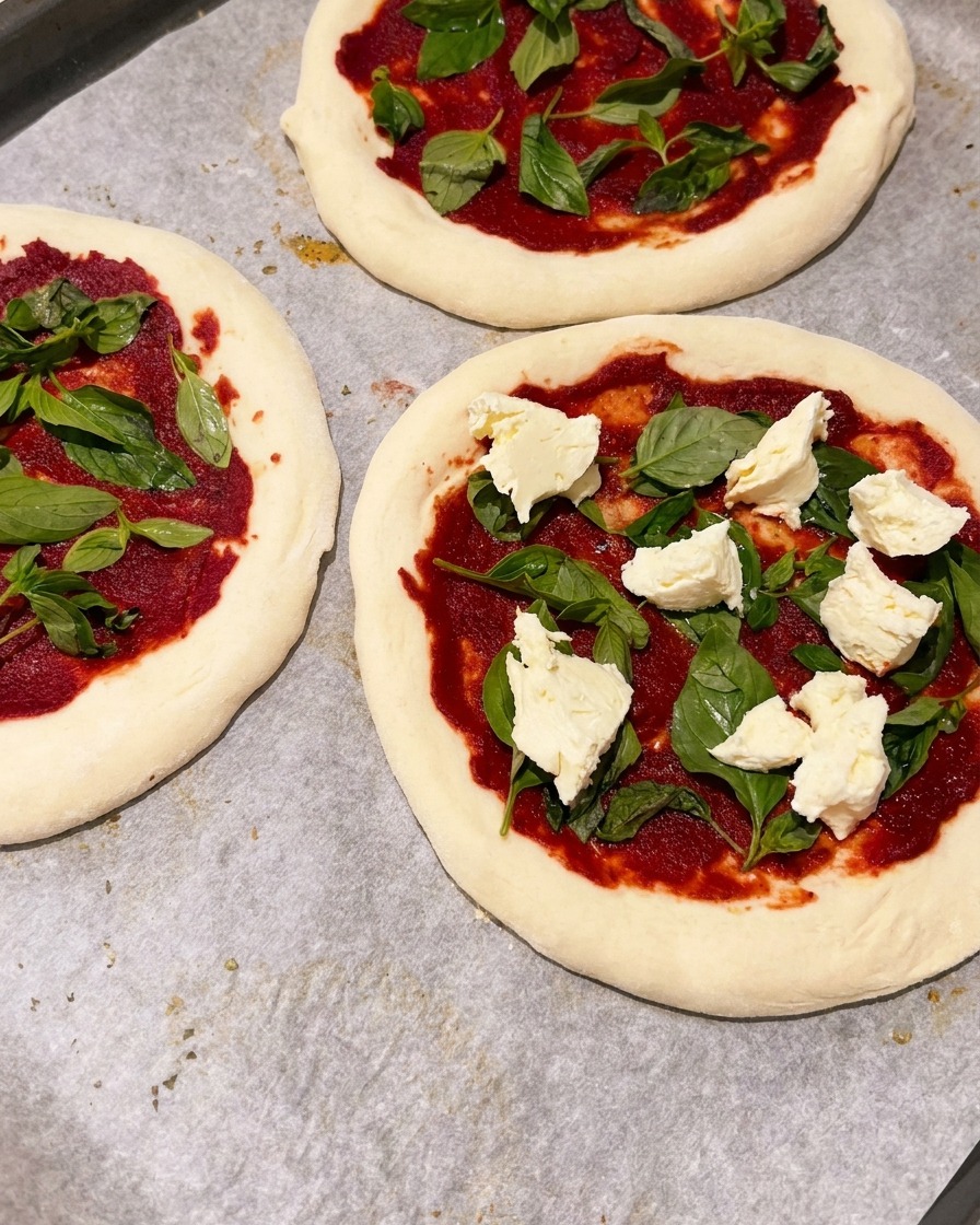 Trozos de queso mozzarella blanco cortados a mano y esparcidos sobre mini pizzas con salsa roja y albahaca verde.