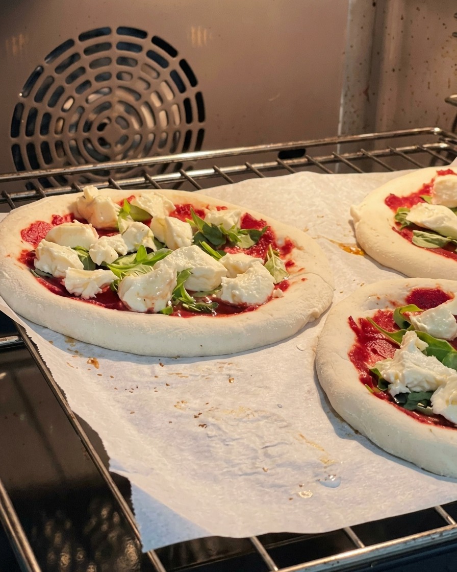 Una bandeja con pizzas Margarita crudas deslizándose en la rejilla de un horno caliente.