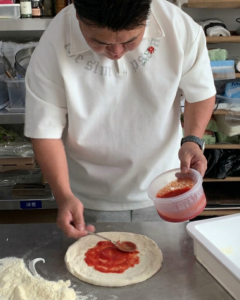 Una cucharada de salsa de tomate rojo brillante esparciéndose uniformemente sobre una base de pizza cruda.