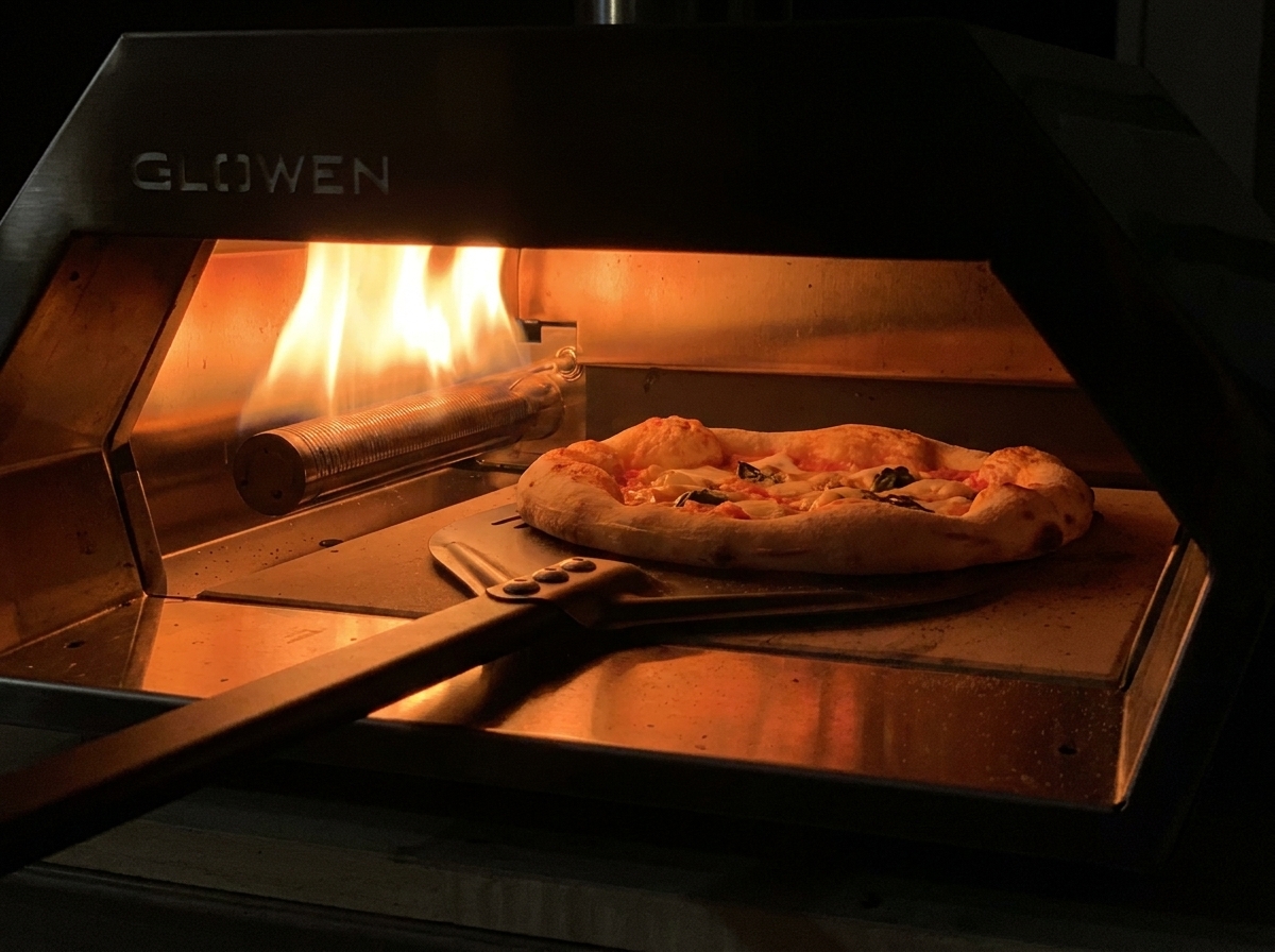 Una pala de pizza girando una pizza parcialmente horneada dentro de un horno de gas para que se dore uniformemente cerca de las llamas.