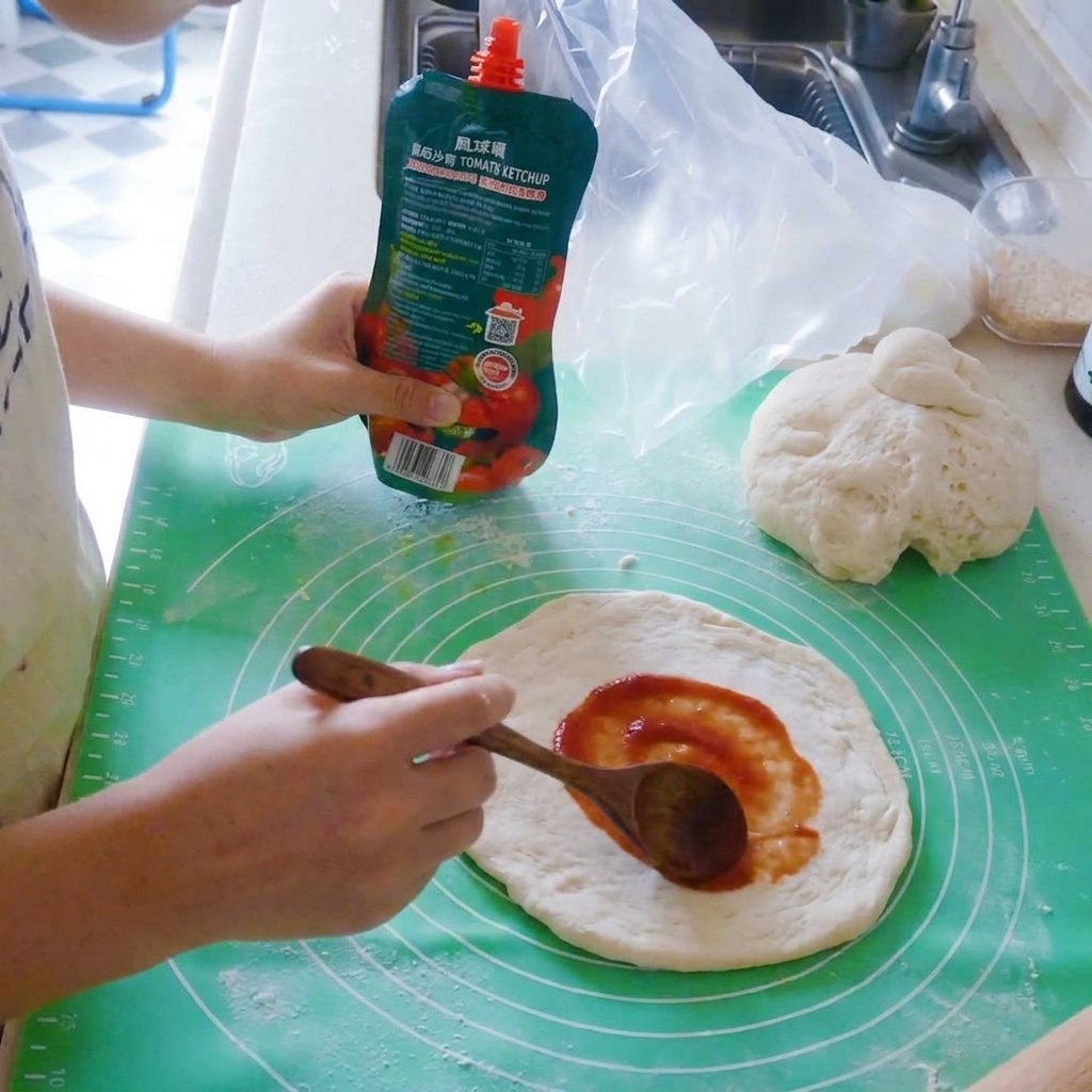 Salsa de tomate siendo extendida sobre la base de masa con una cuchara de madera.