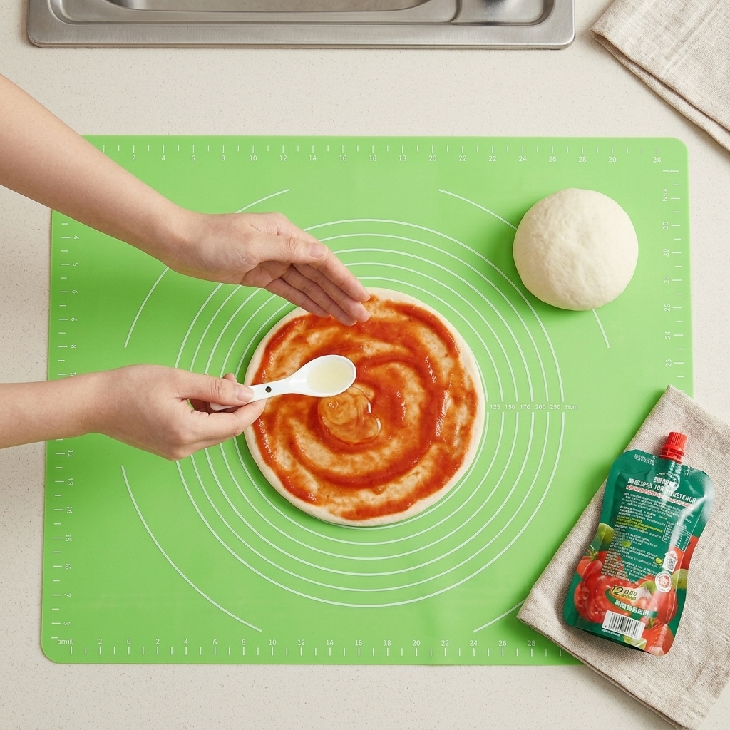 Una cucharada de aceite siendo rociada sobre la base de pizza sazonada.