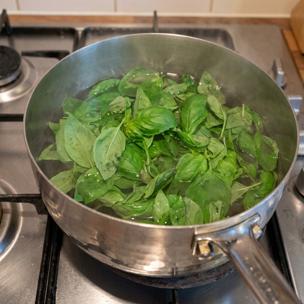 Hojas de albahaca fresca verde siendo escaldadas en una olla con agua hirviendo en la estufa.
