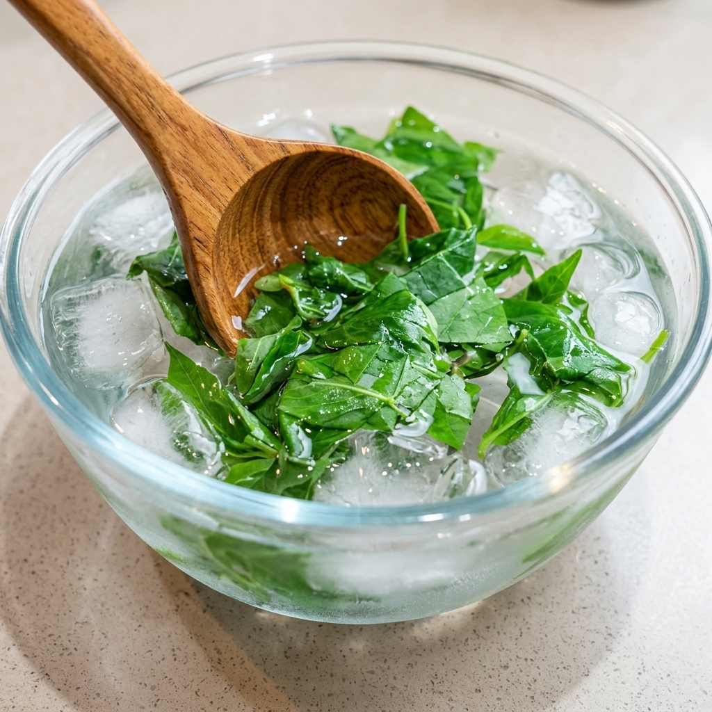 Hojas de albahaca escaldadas dentro de un tazón de vidrio lleno de agua con hielo y una cuchara de madera.