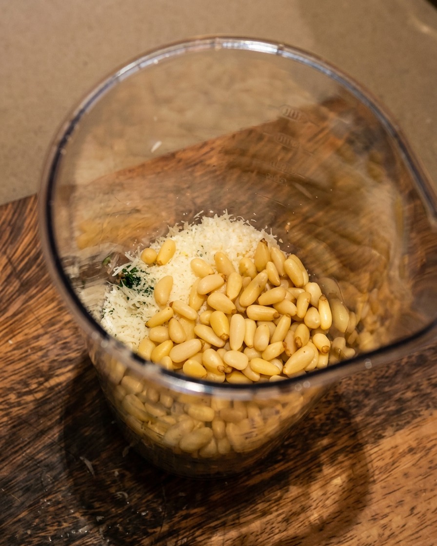 Un recipiente de licuadora lleno de ingredientes para pesto, con una vista clara de los piñones, el queso y las hierbas esperando a ser licuados.