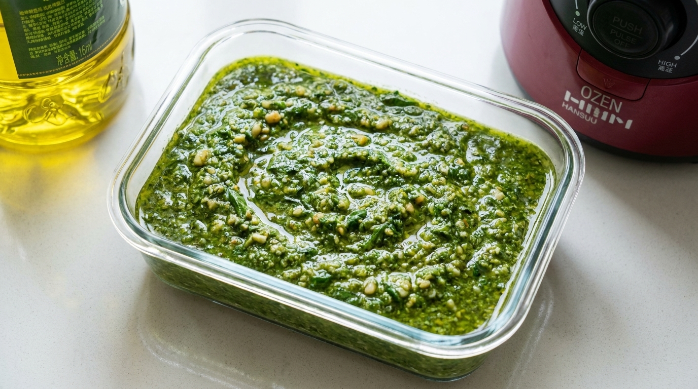 Un recipiente de vidrio lleno de salsa pesto de albahaca fresca de un verde vibrante.