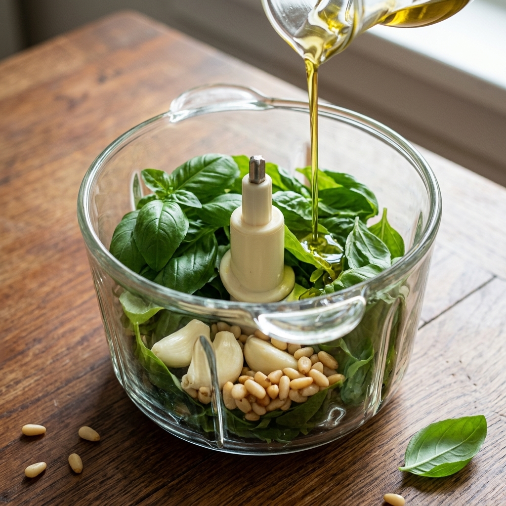 Hojas de albahaca fresca, dientes de ajo y piñones en el bol de un procesador de alimentos de vidrio mientras se vierte aceite de oliva.