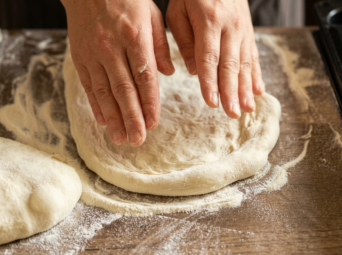 Dos manos estirando y dando forma suavemente a un trozo de masa de pizza en círculo sobre una tabla de madera.