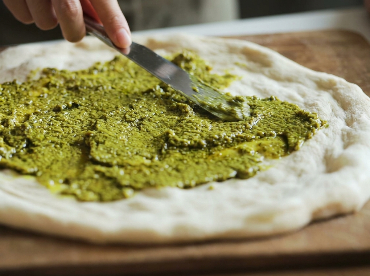 Una mano usando una espátula de metal para extender el pesto de albahaca verde sobre la masa cruda de la pizza.