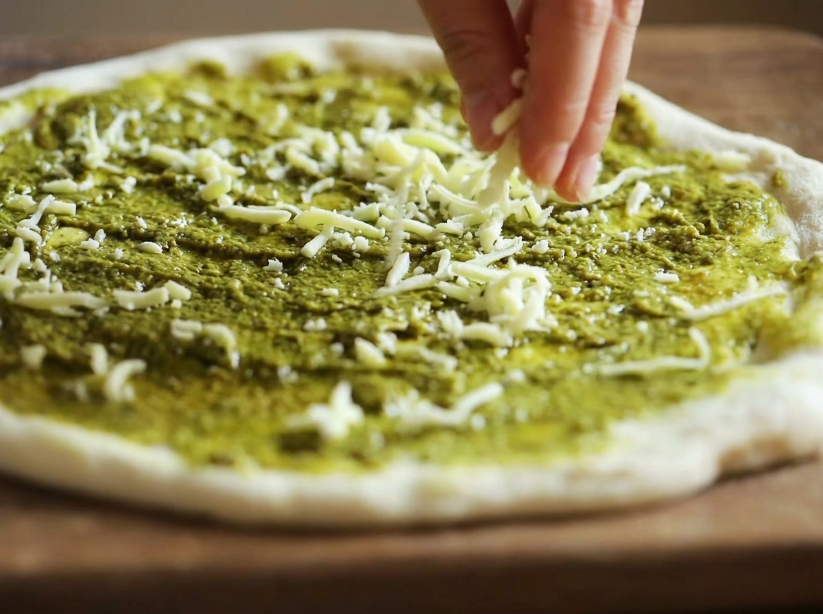 Dedos esparciendo queso mozzarella rallado uniformemente sobre la base de la pizza cubierta de pesto.
