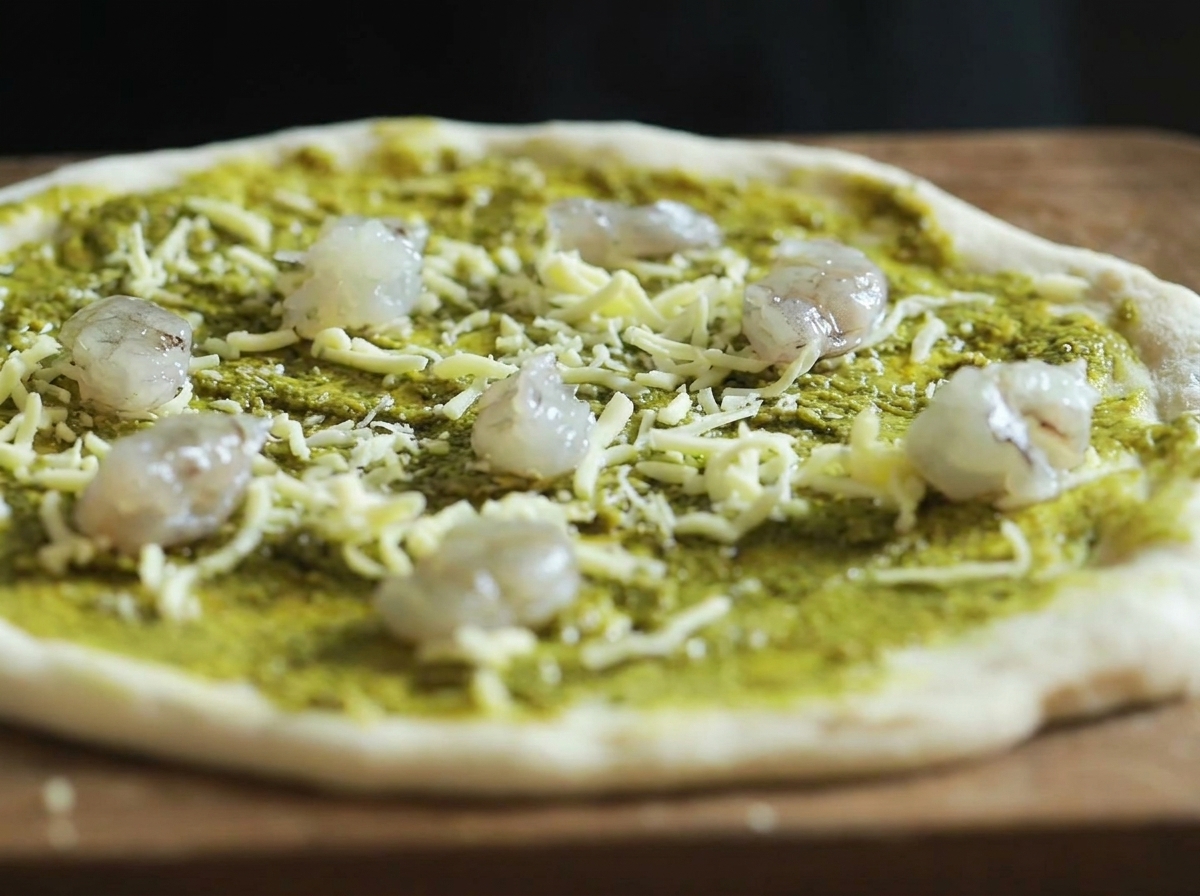 La base de la pizza cubierta de pesto verde y mozzarella rallada, con varios camarones crudos distribuidos por encima.