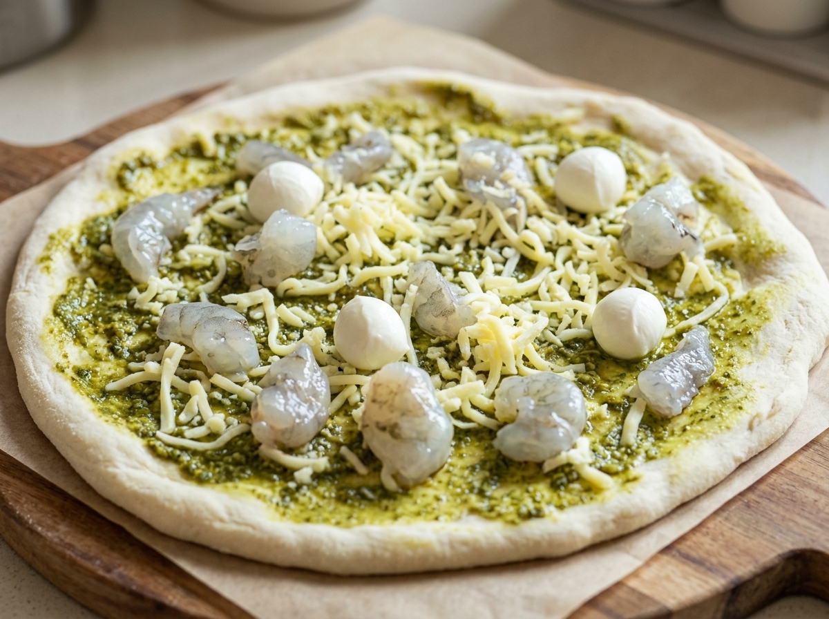 La pizza montada con pesto, camarones, mozzarella rallada y bolitas de mozzarella fresca lista para entrar al horno.