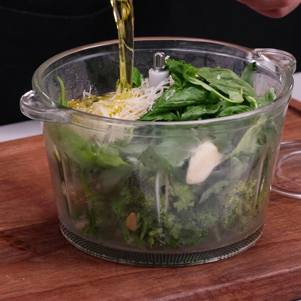 Pesto verde casero siendo procesado hasta obtener una pasta suave y espesa.