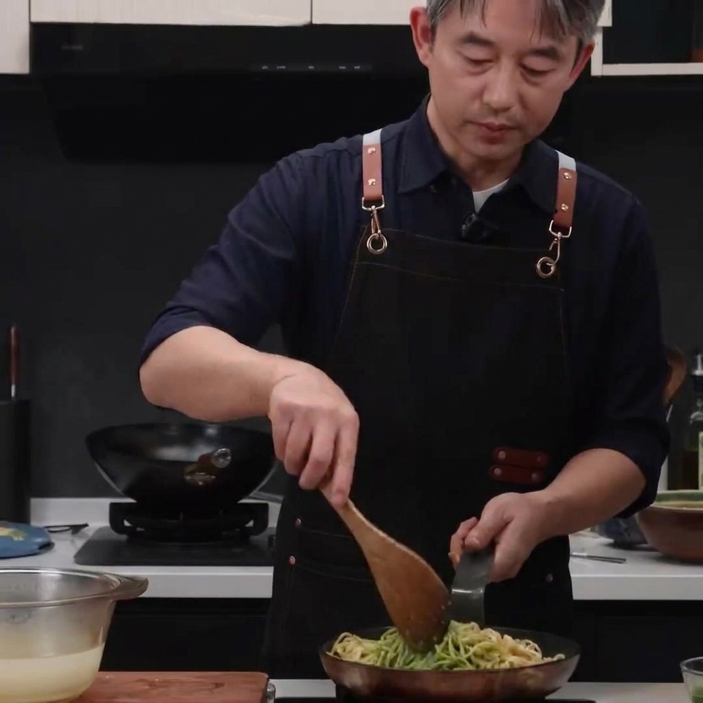 Una persona usando una espátula de madera y una metálica para mezclar espaguetis y pesto en una sartén.