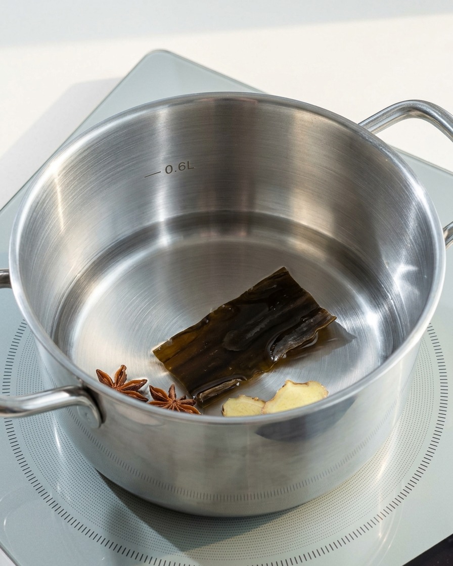 Un trozo de alga kombu en remojo en una olla de acero inoxidable con agua.