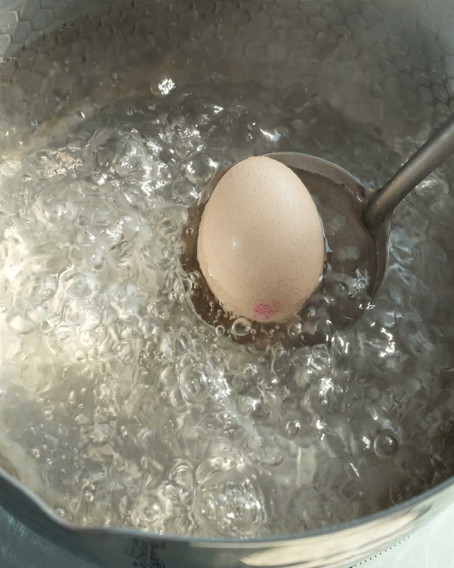 Un huevo entero siendo sumergido suavemente en una olla de agua hirviendo con un cucharón de metal.