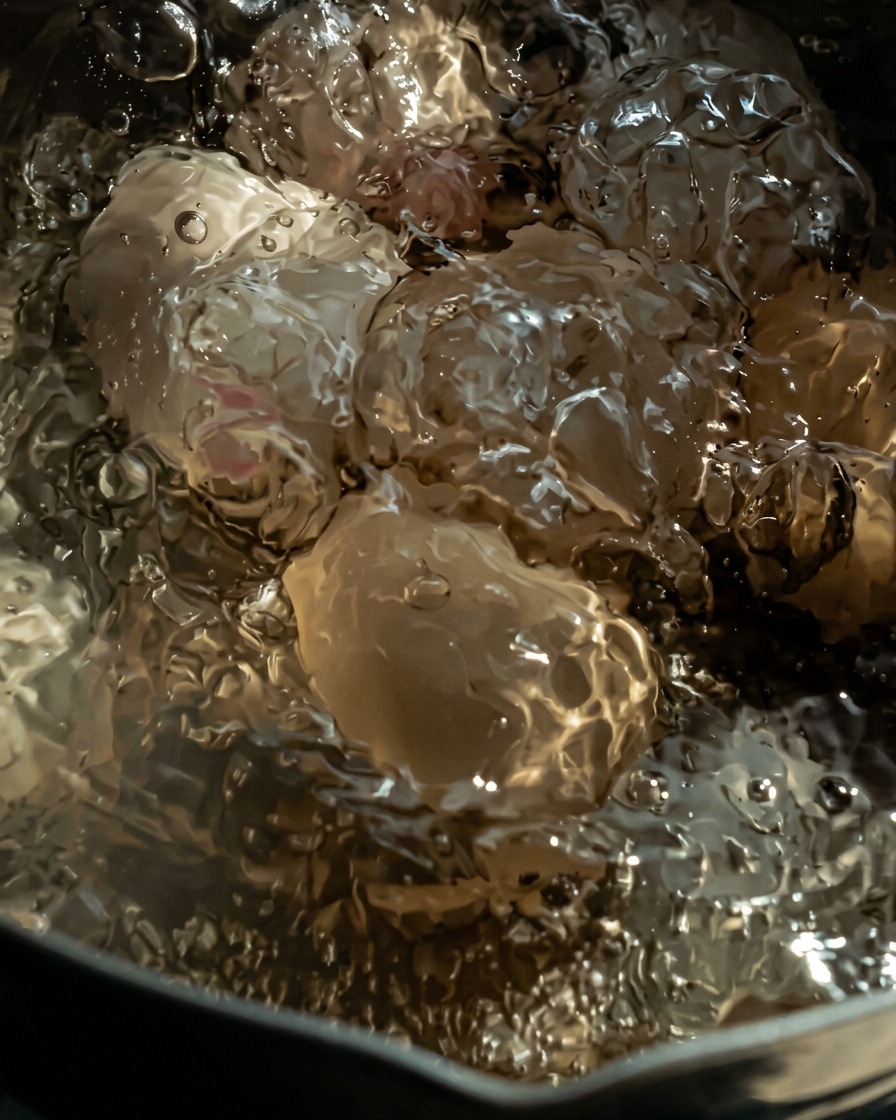 Huevos duros enfriándose rápidamente en un bol lleno de agua con hielo.