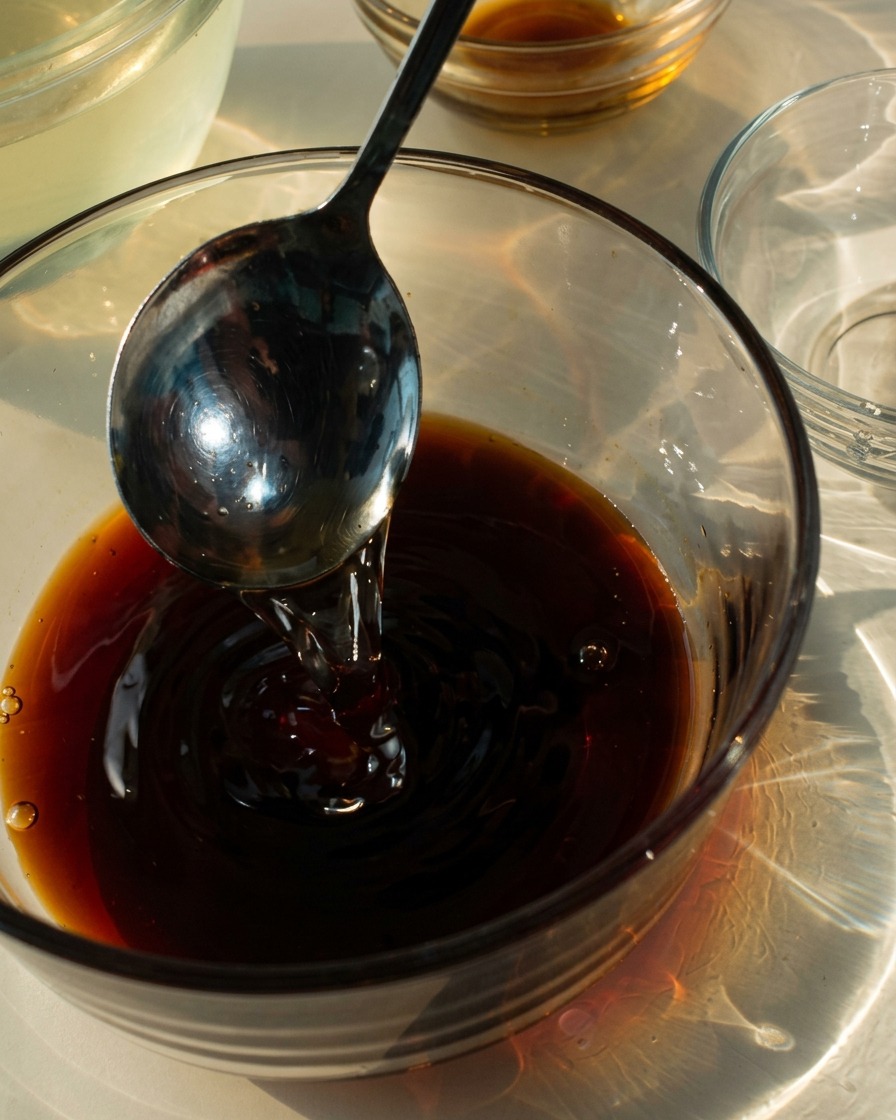 Un marinado oscuro a base de soja siendo removido con una cuchara de metal en un bol de cristal transparente.