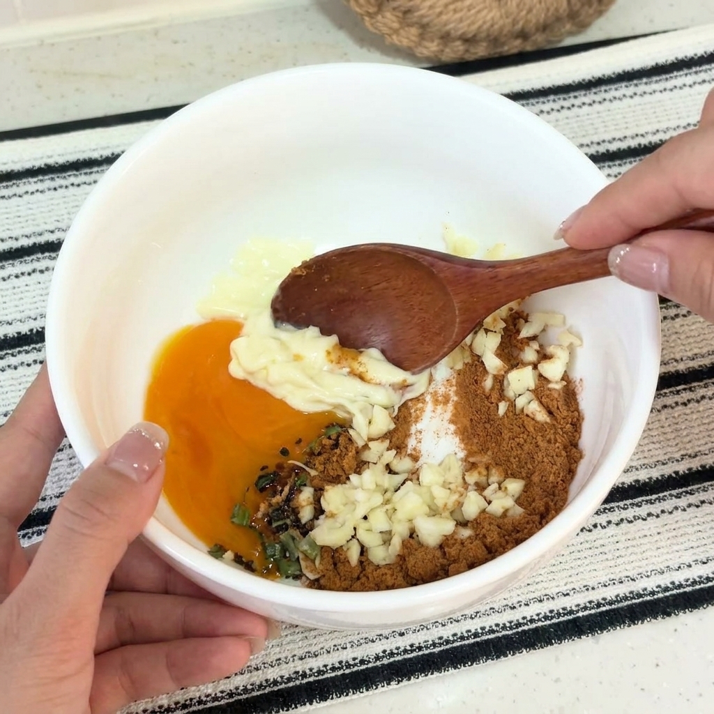 Ajo picado, yema de huevo cruda, polvo de condimento y mayonesa juntos en un bol blanco con una cuchara de madera.