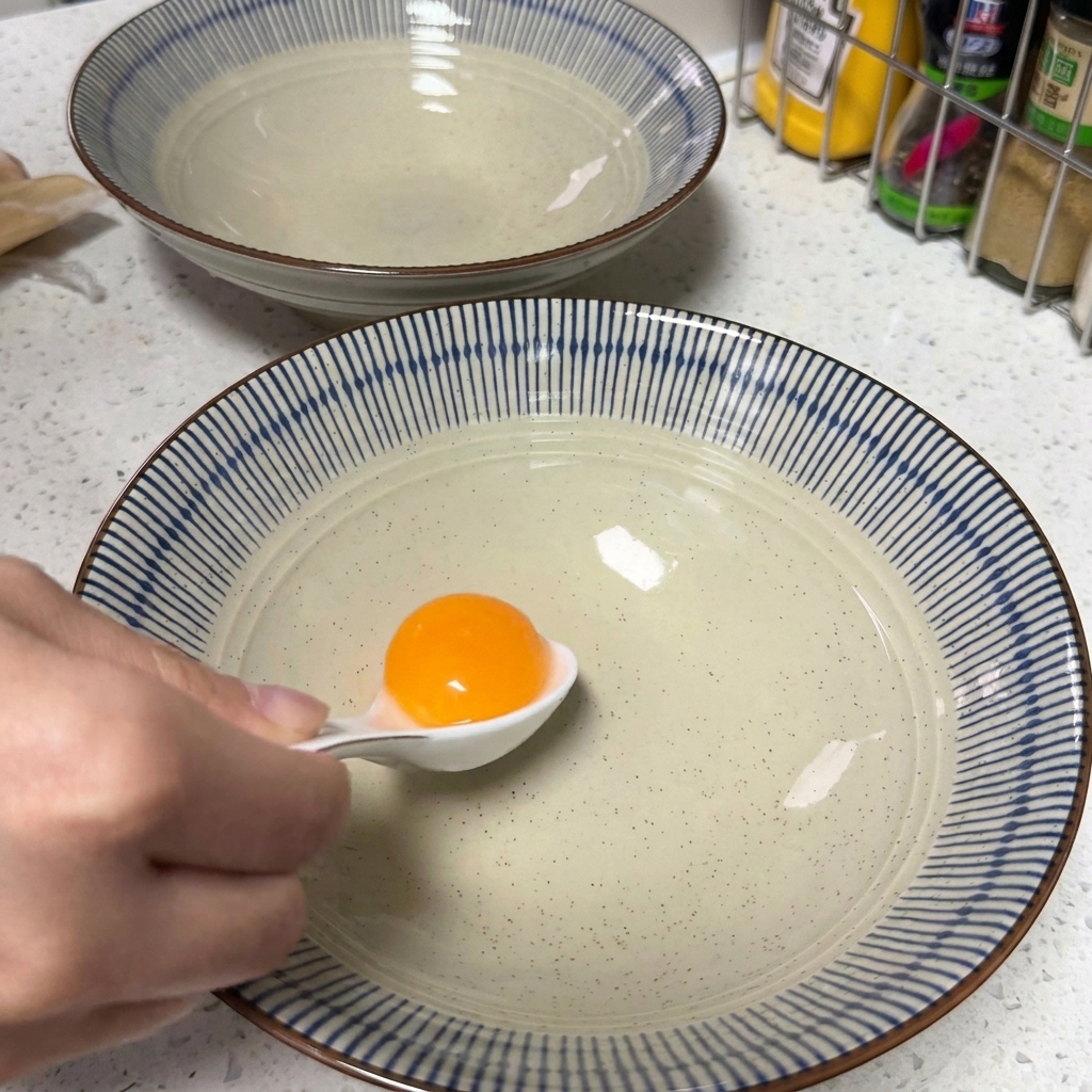 Una sola yema de huevo cruda y vibrante en un tazón limpio.