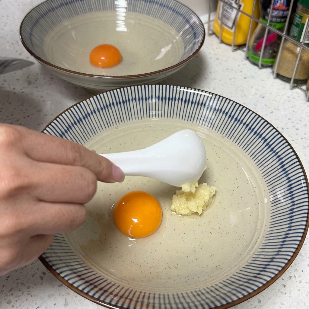 Un tazón con una yema de huevo cruda y un poco de ajo picado añadido al lado.