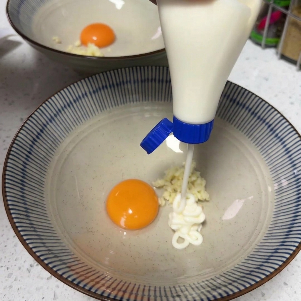 Sazonador de fideos instantáneos vertiéndose desde un sobre en un tazón con yema de huevo, ajo y mayonesa.