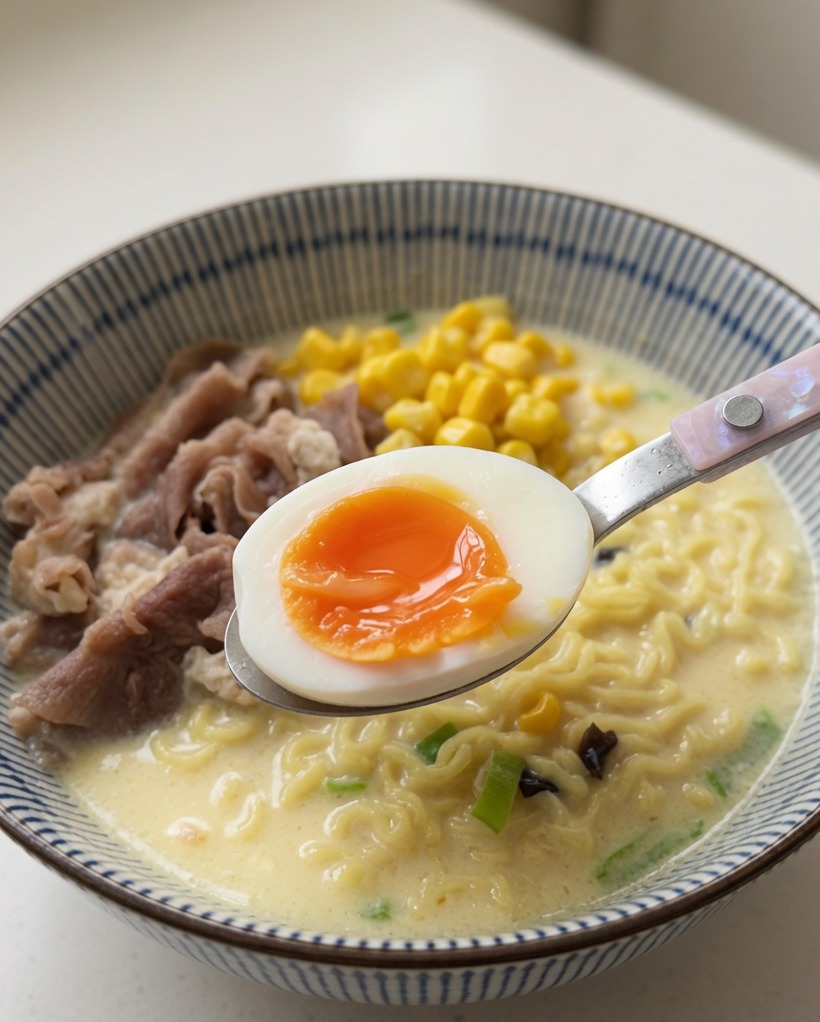 Mitades de huevo pasado por agua con una yema naranja perfecta siendo colocadas en un tazón de ramen.