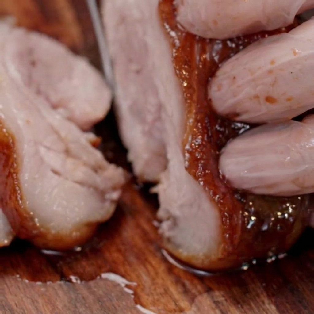 Una pieza de panceta de cerdo enrollada con hilo de cocina.