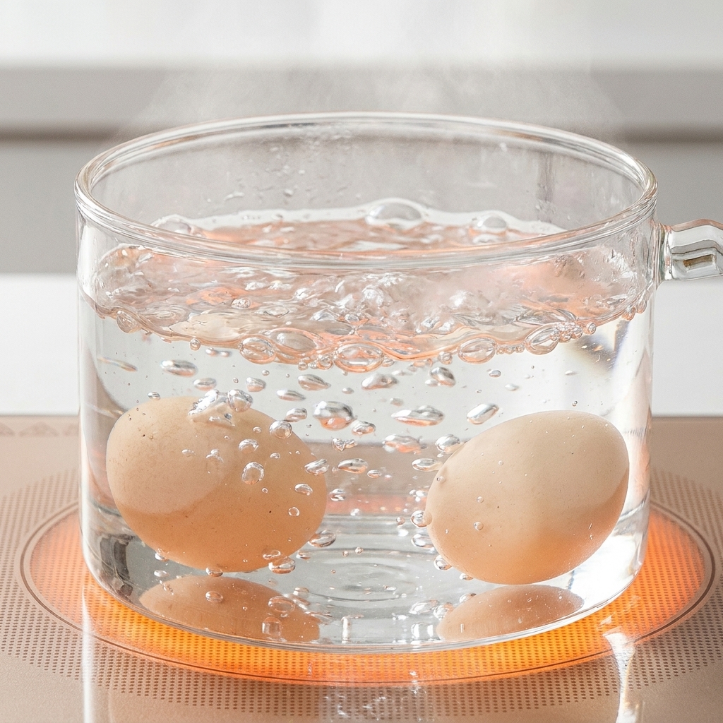 Dos huevos sumergidos en agua hirviendo en una olla de cristal.