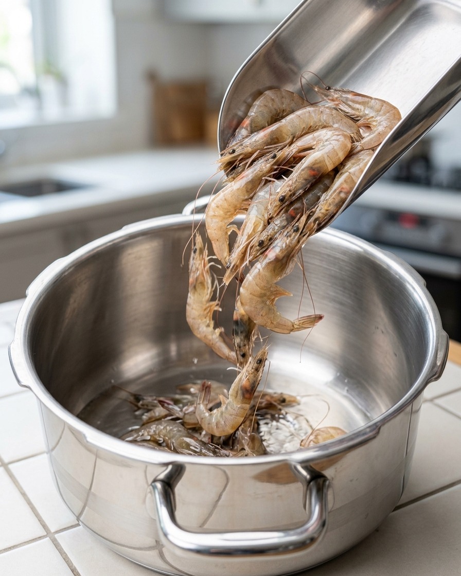 Cabezas y cáscaras de gamba frescas añadidas a una olla con aceite caliente.