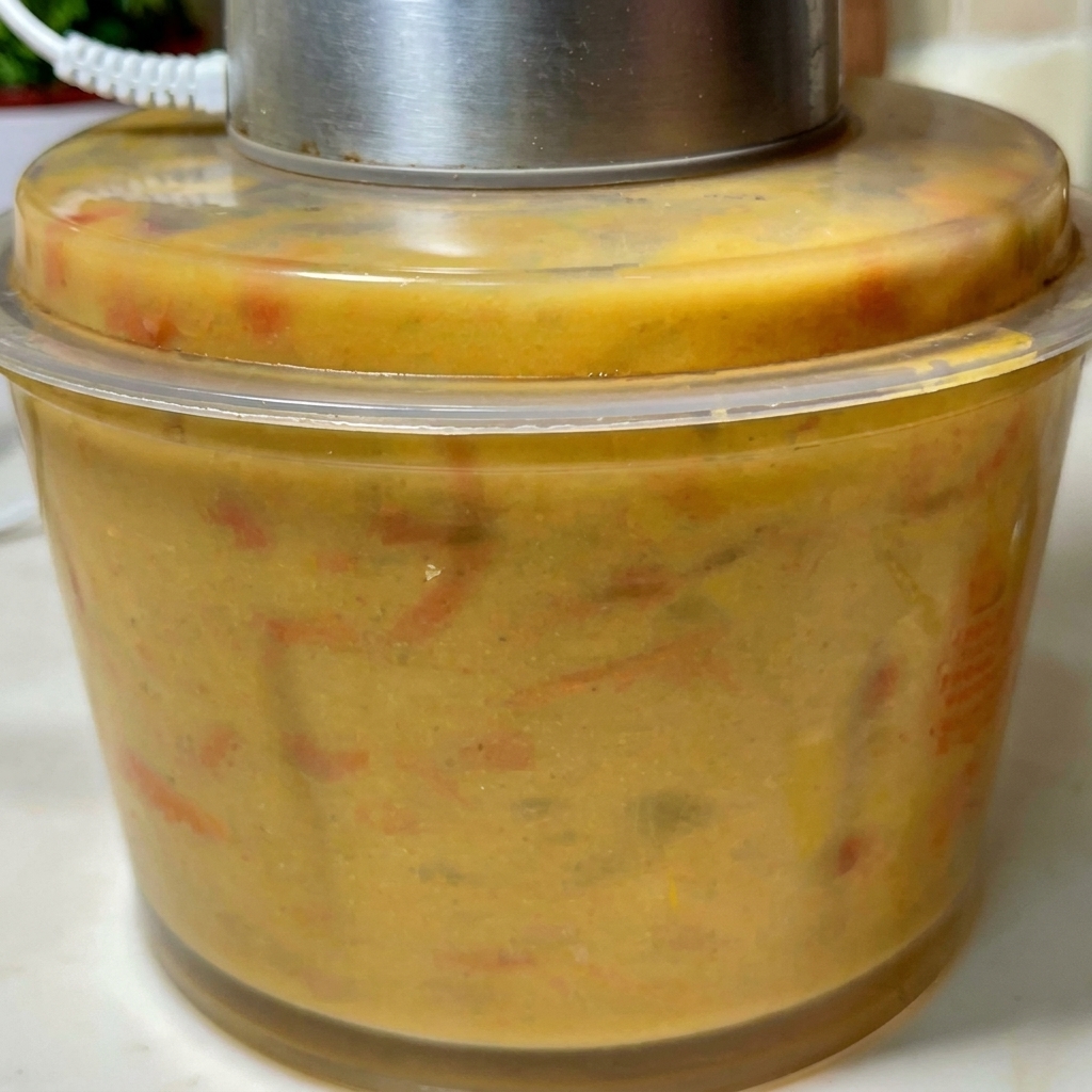 Un procesador de alimentos lleno de un puré espeso de color naranja hecho de cáscaras de gamba y caldo.