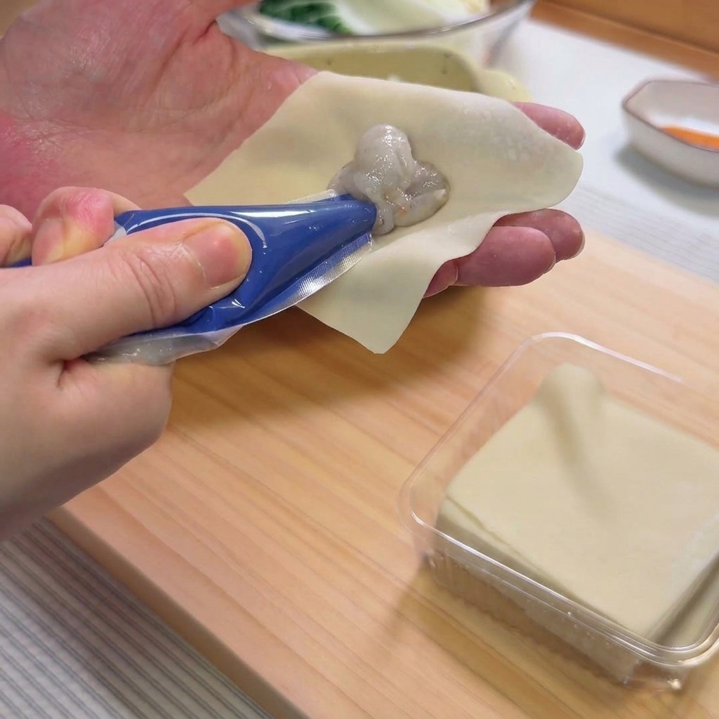 Una mano dando forma al wonton uniendo los bordes para sellar el relleno en el interior.